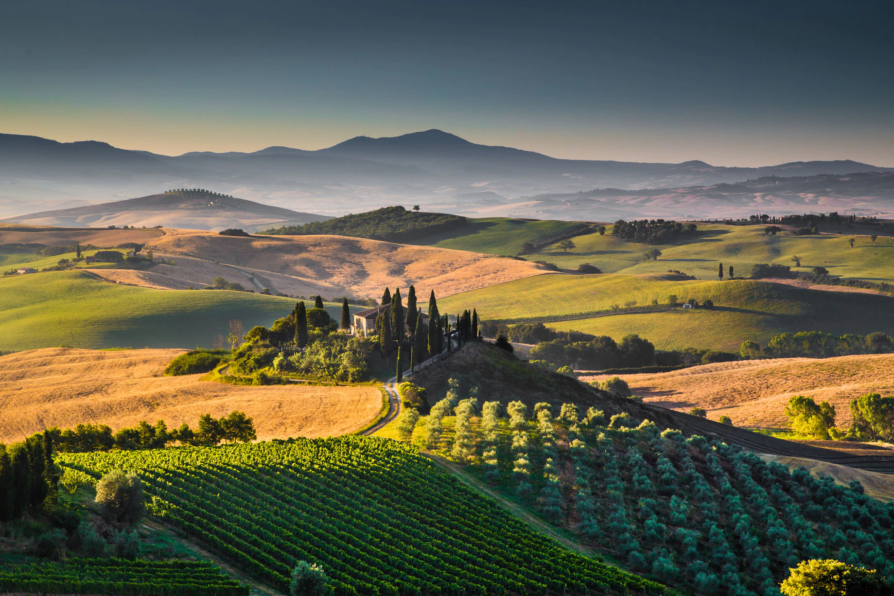 Scenic Tuscany landscape with rolling hills and valleys in golden morning light, Val d'Orcia, Italy